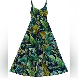 Zara Dress Womens Size S Tropical Leaf Print Button Front Green